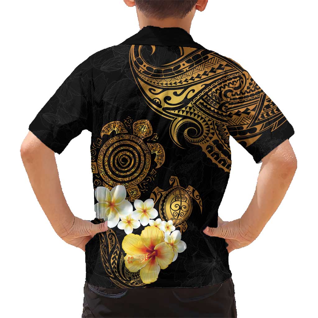 Polynesian Turtle Kid Hawaiian Shirt Plumeria Hibiscus Pattern Black Color LT03 - Polynesian Pride