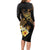 Polynesian Turtle Long Sleeve Bodycon Dress Plumeria Hibiscus Pattern Black Color