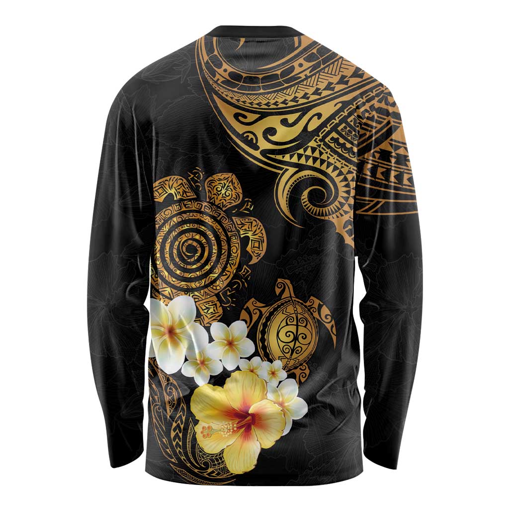 Polynesian Turtle Long Sleeve Shirt Plumeria Hibiscus Pattern Black Color LT03 - Polynesian Pride