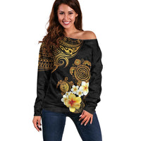 Polynesian Turtle Off Shoulder Sweater Plumeria Hibiscus Pattern Black Color LT03 Women Black - Polynesian Pride