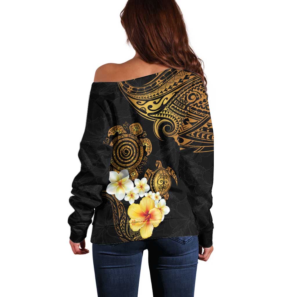 Polynesian Turtle Off Shoulder Sweater Plumeria Hibiscus Pattern Black Color LT03 - Polynesian Pride