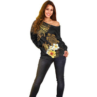 Polynesian Turtle Off Shoulder Sweater Plumeria Hibiscus Pattern Black Color LT03 - Polynesian Pride