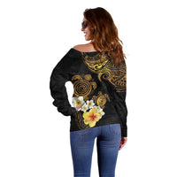 Polynesian Turtle Off Shoulder Sweater Plumeria Hibiscus Pattern Black Color LT03 - Polynesian Pride