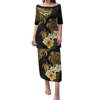 Polynesian Turtle Puletasi Plumeria Hibiscus Pattern Black Color LT03 Long Dress Black - Polynesian Pride
