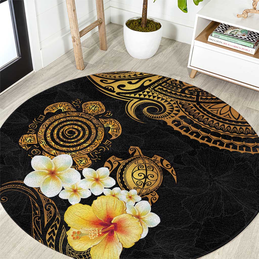 Polynesian Turtle Round Carpet Plumeria Hibiscus Pattern Black Color LT03 Black - Polynesian Pride