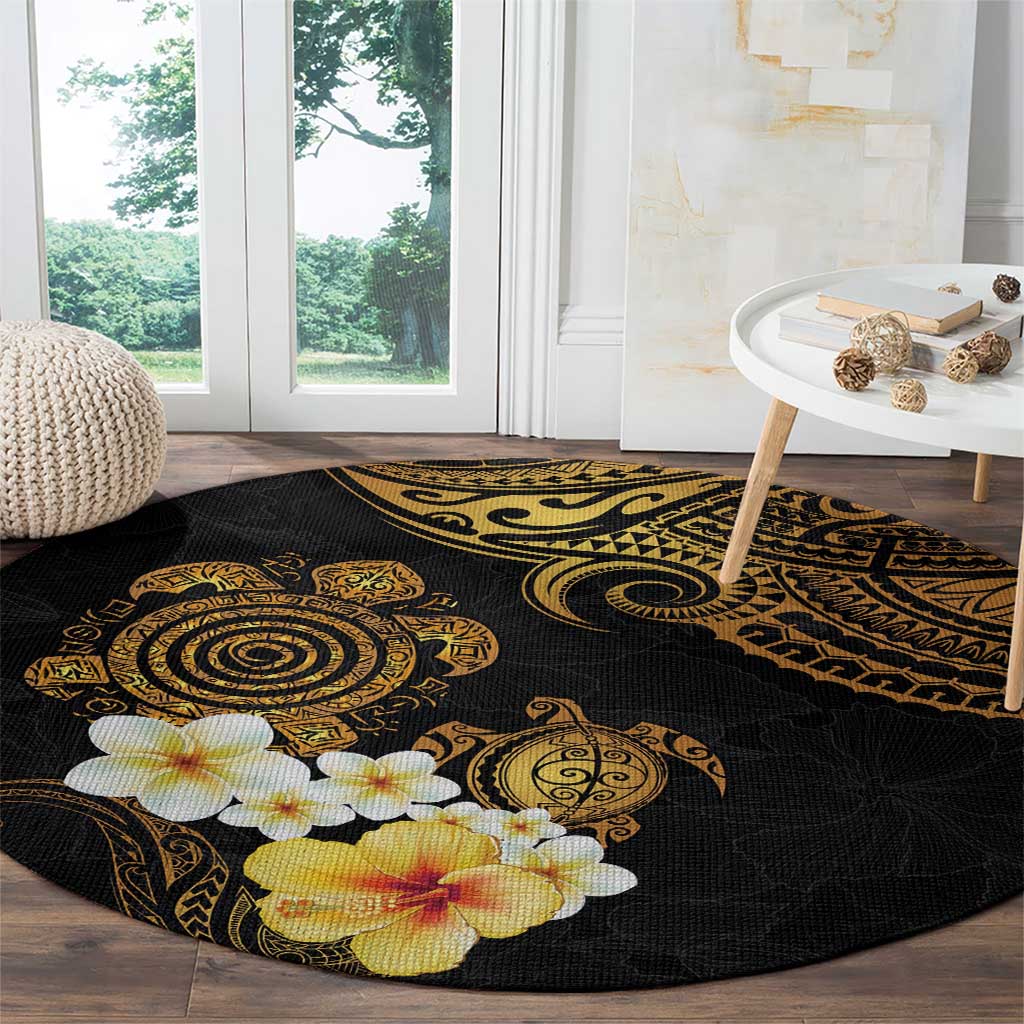 Polynesian Turtle Round Carpet Plumeria Hibiscus Pattern Black Color LT03 - Polynesian Pride