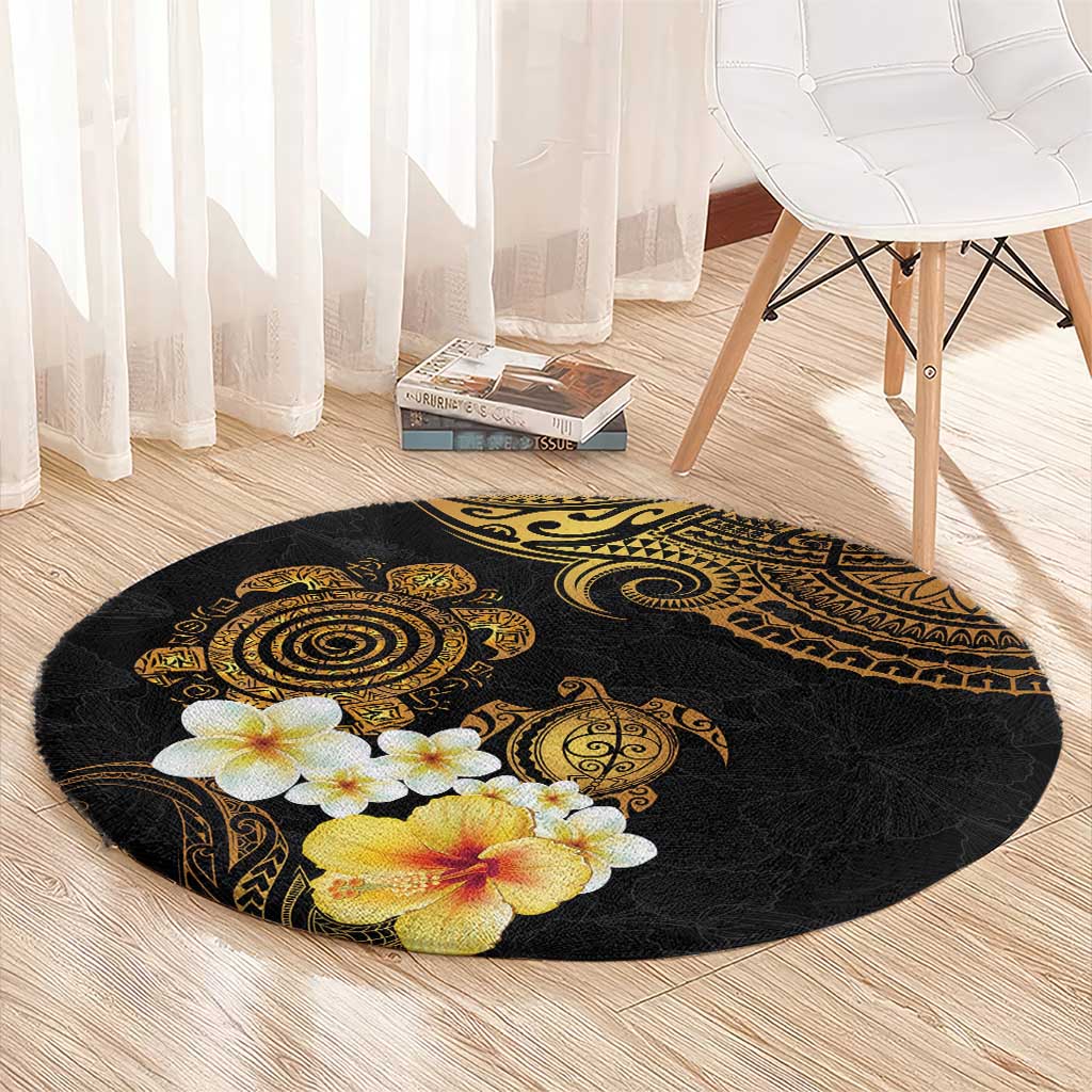 Polynesian Turtle Round Carpet Plumeria Hibiscus Pattern Black Color LT03 - Polynesian Pride