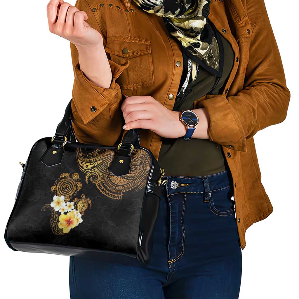 Polynesian Turtle Shoulder Handbag Plumeria Hibiscus Pattern Black Color LT03 - Polynesian Pride
