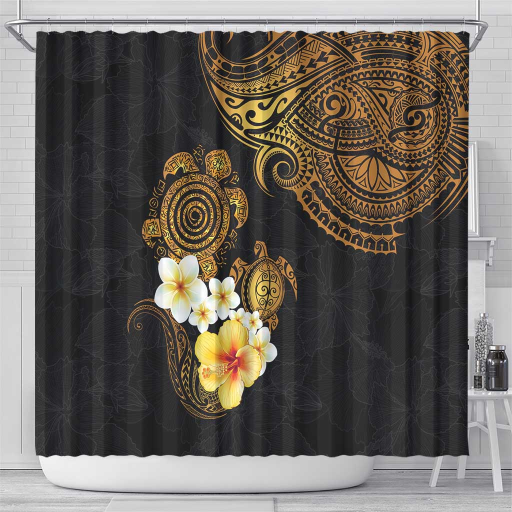 Polynesian Turtle Shower Curtain Plumeria Hibiscus Pattern Black Color LT03 - Polynesian Pride