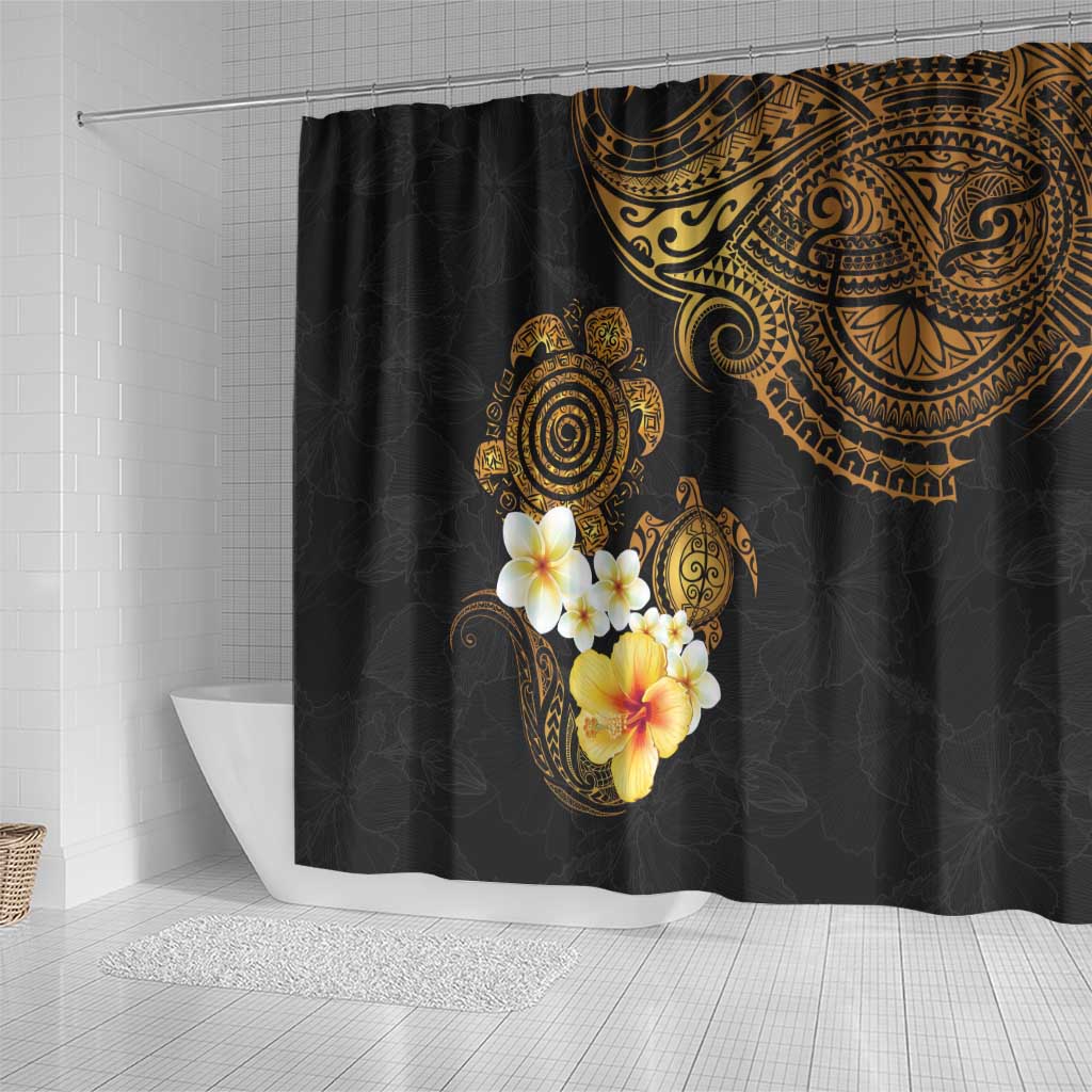 Polynesian Turtle Shower Curtain Plumeria Hibiscus Pattern Black Color LT03 - Polynesian Pride