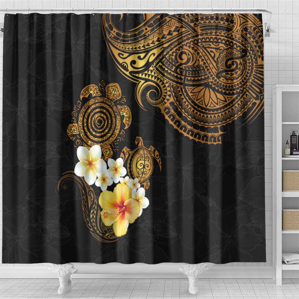 Polynesian Turtle Shower Curtain Plumeria Hibiscus Pattern Black Color LT03 - Polynesian Pride