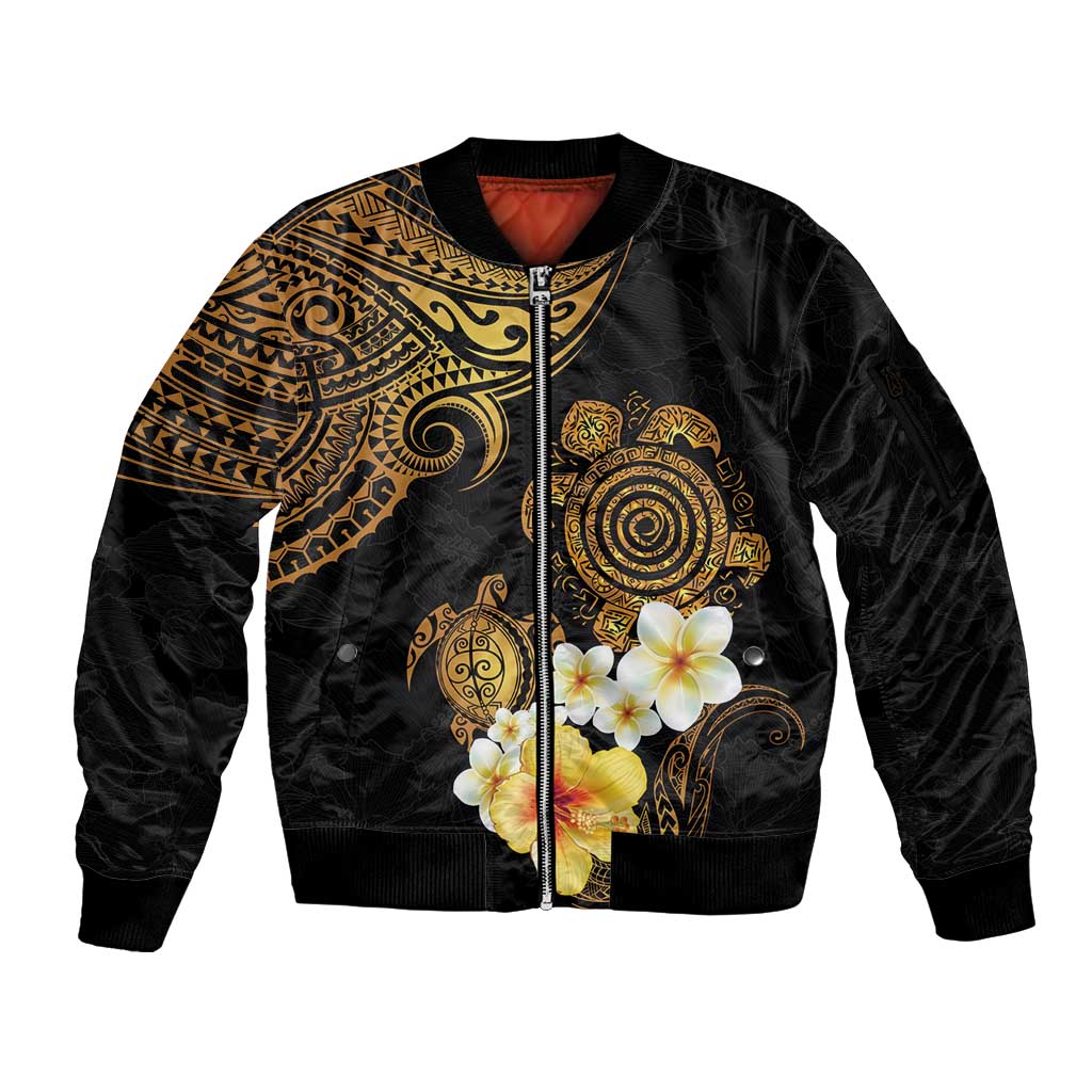 Polynesian Turtle Sleeve Zip Bomber Jacket Plumeria Hibiscus Pattern Black Color LT03 Unisex Black - Polynesian Pride