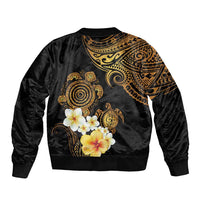 Polynesian Turtle Sleeve Zip Bomber Jacket Plumeria Hibiscus Pattern Black Color LT03 - Polynesian Pride