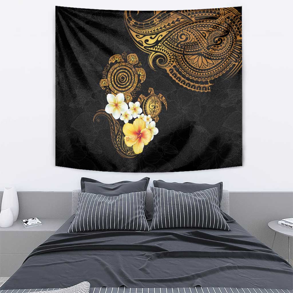 Polynesian Turtle Tapestry Plumeria Hibiscus Pattern Black Color LT03 - Polynesian Pride