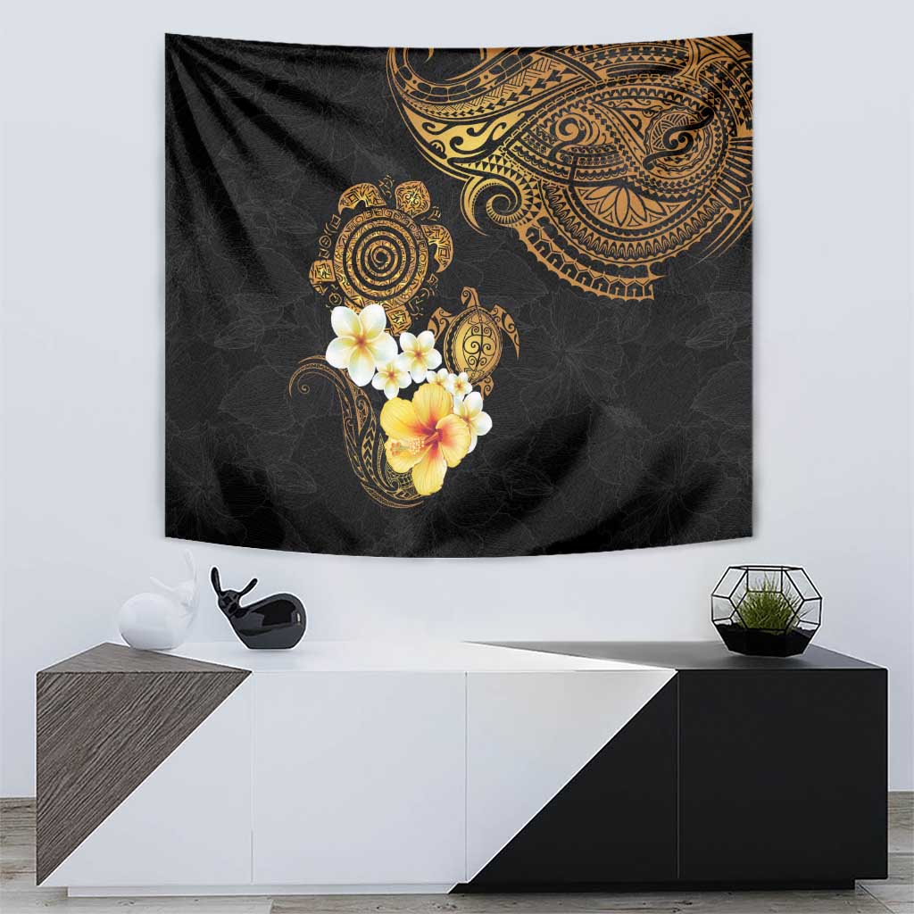 Polynesian Turtle Tapestry Plumeria Hibiscus Pattern Black Color LT03 - Polynesian Pride