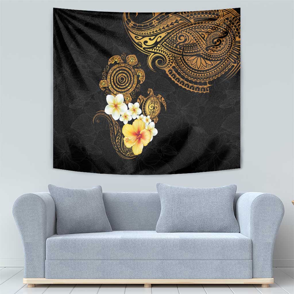 Polynesian Turtle Tapestry Plumeria Hibiscus Pattern Black Color LT03 - Polynesian Pride
