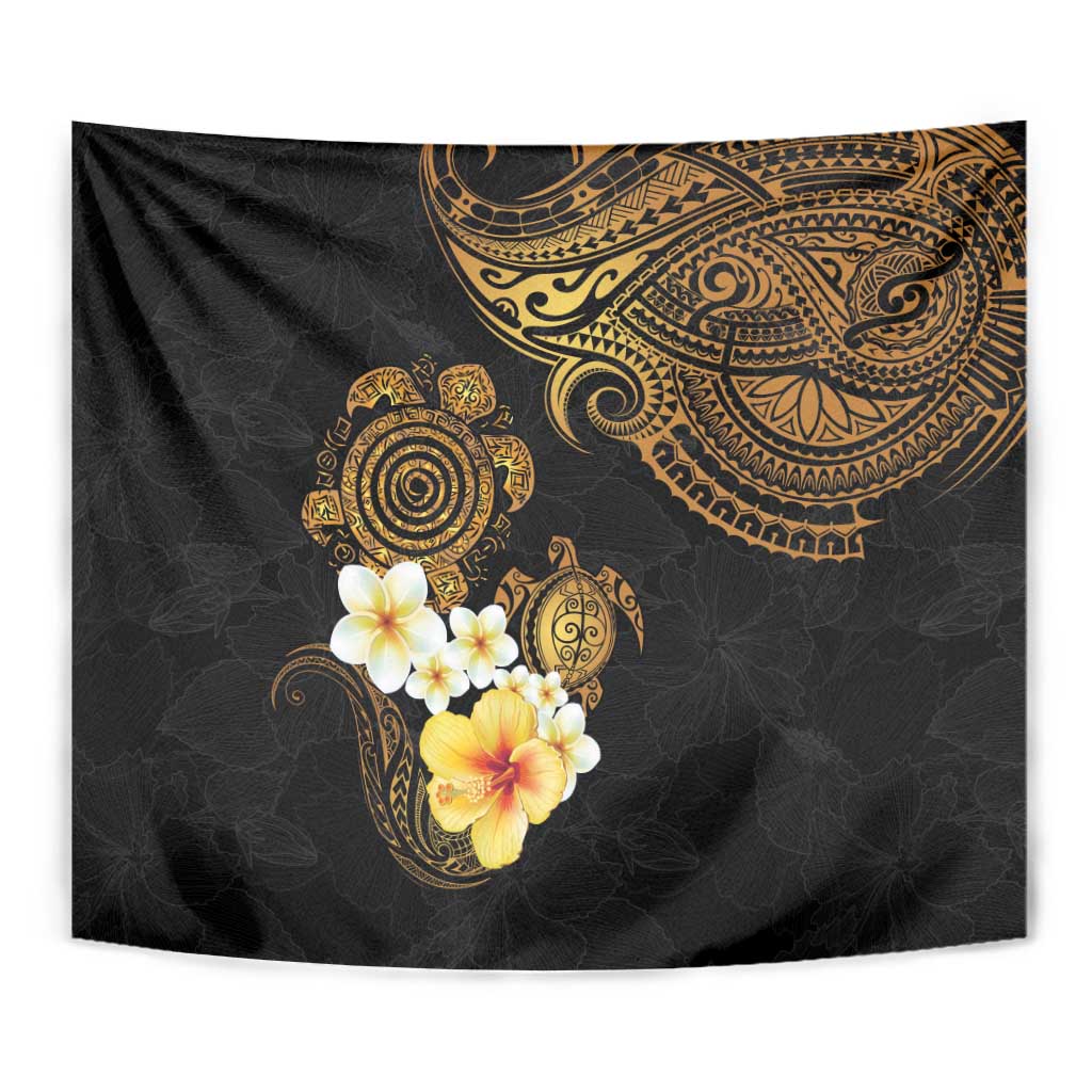 Polynesian Turtle Tapestry Plumeria Hibiscus Pattern Black Color LT03 - Polynesian Pride