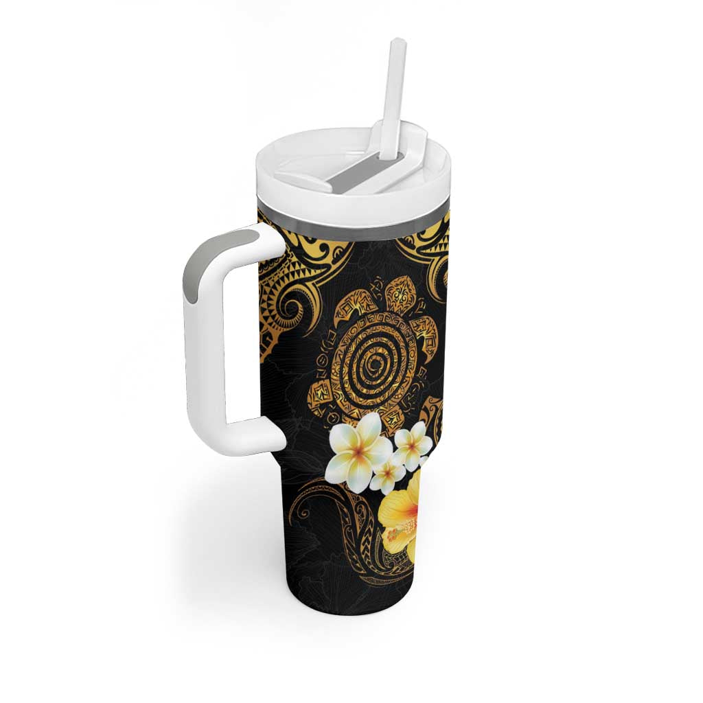 Polynesian Turtle Tumbler With Handle Plumeria Hibiscus Pattern Black Color LT03 - Polynesian Pride