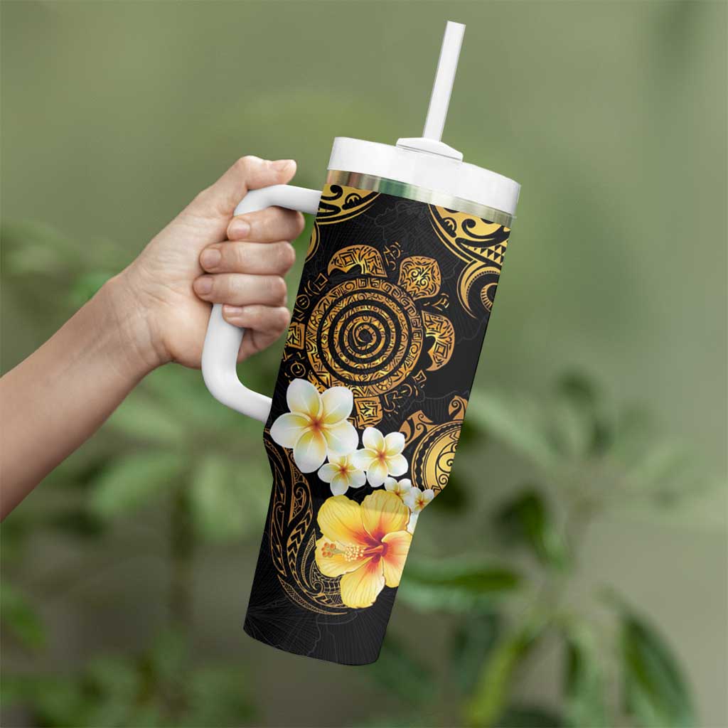 Polynesian Turtle Tumbler With Handle Plumeria Hibiscus Pattern Black Color LT03 - Polynesian Pride