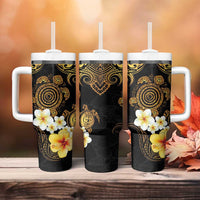 Polynesian Turtle Tumbler With Handle Plumeria Hibiscus Pattern Black Color LT03 - Polynesian Pride
