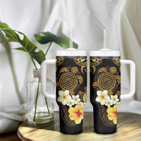 Polynesian Turtle Tumbler With Handle Plumeria Hibiscus Pattern Black Color LT03 - Polynesian Pride