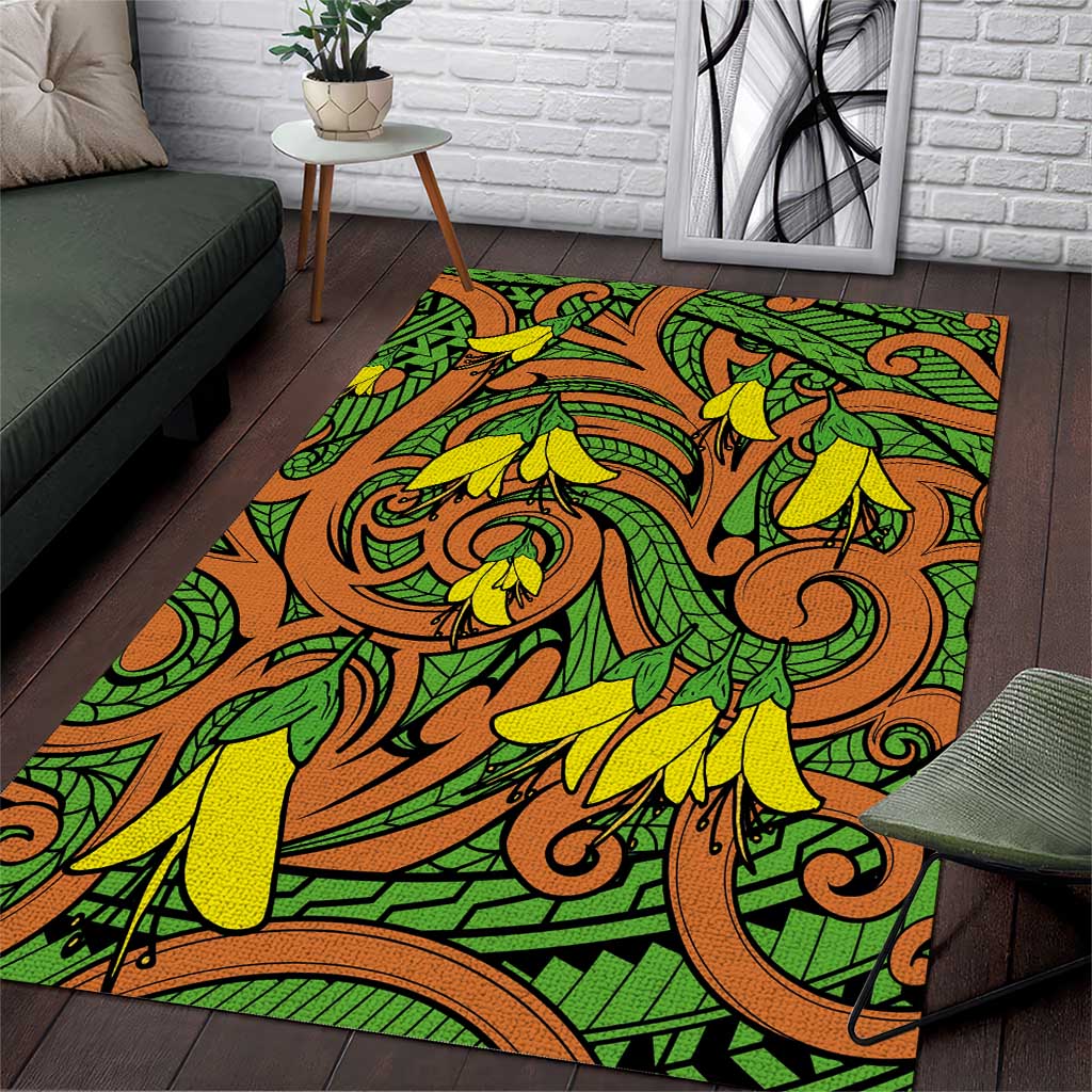 New Zealand Kowhai Flowers Area Rug Maori Koru Pattern LT03 Orange - Polynesian Pride