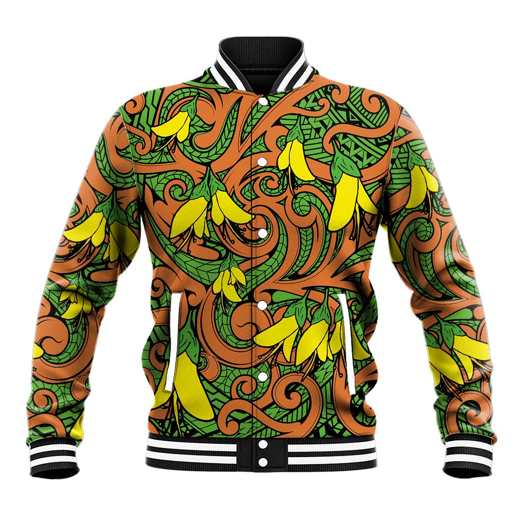 New Zealand Kowhai Flowers Baseball Jacket Maori Koru Pattern LT03 Unisex Orange - Polynesian Pride