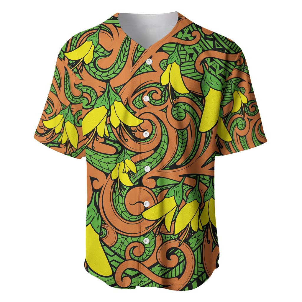 New Zealand Kowhai Flowers Baseball Jersey Maori Koru Pattern LT03 Orange - Polynesian Pride