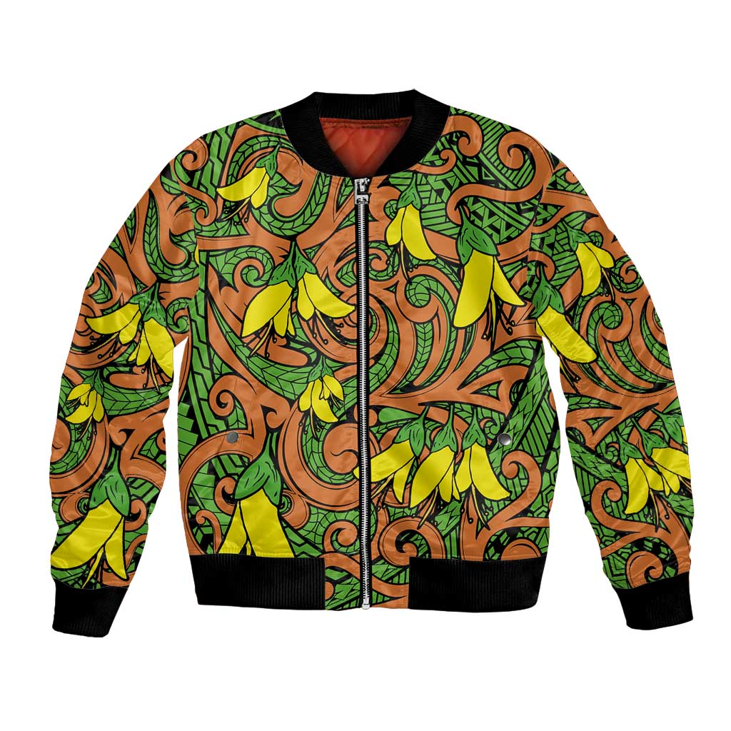 New Zealand Kowhai Flowers Bomber Jacket Maori Koru Pattern LT03 Unisex Orange - Polynesian Pride