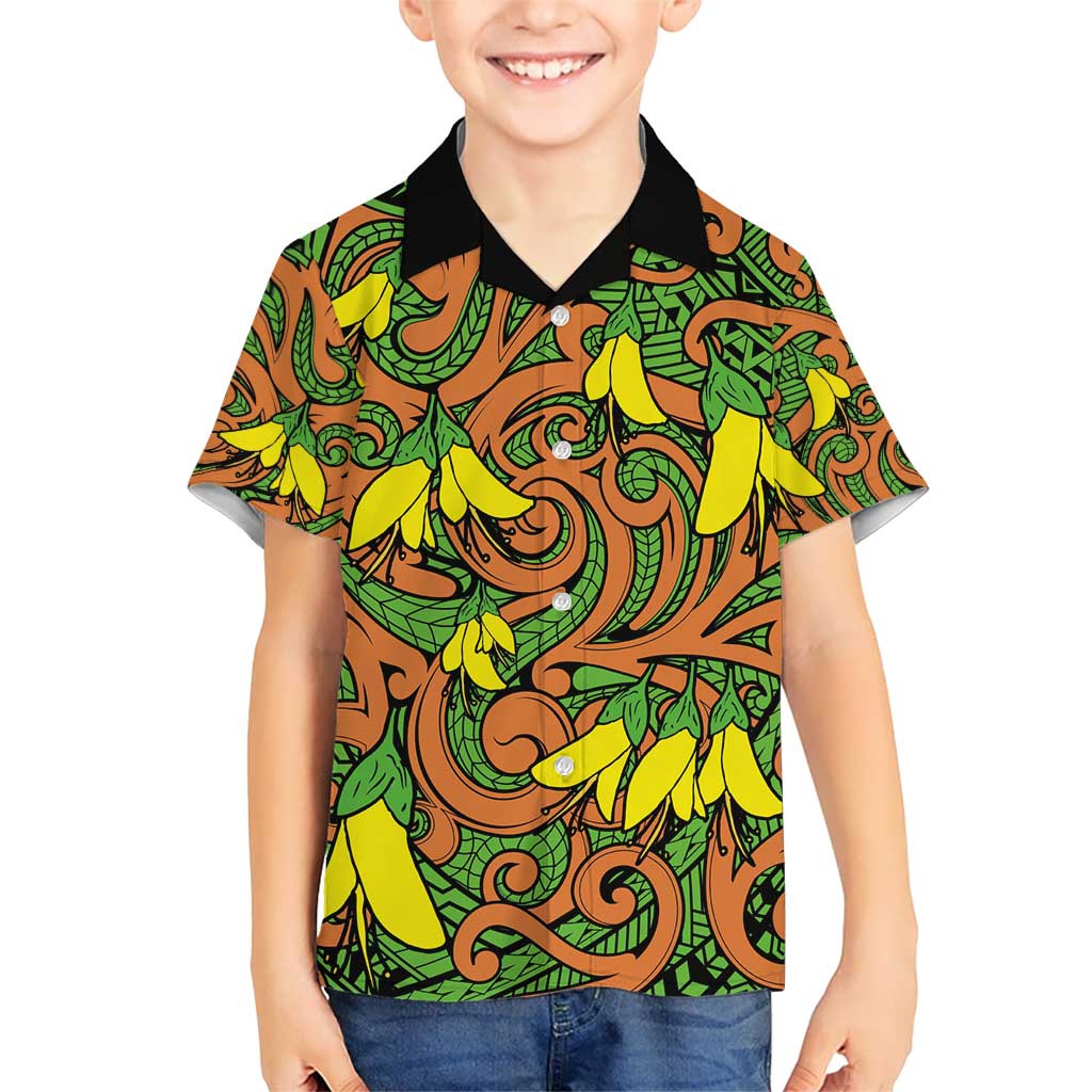 New Zealand Kowhai Flowers Kid Hawaiian Shirt Maori Koru Pattern LT03 Kid Orange - Polynesian Pride