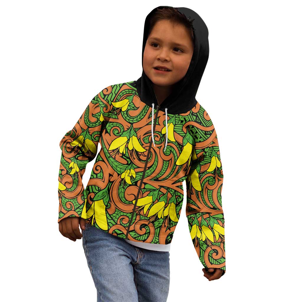 New Zealand Kowhai Flowers Kid Hoodie Maori Koru Pattern LT03 - Polynesian Pride