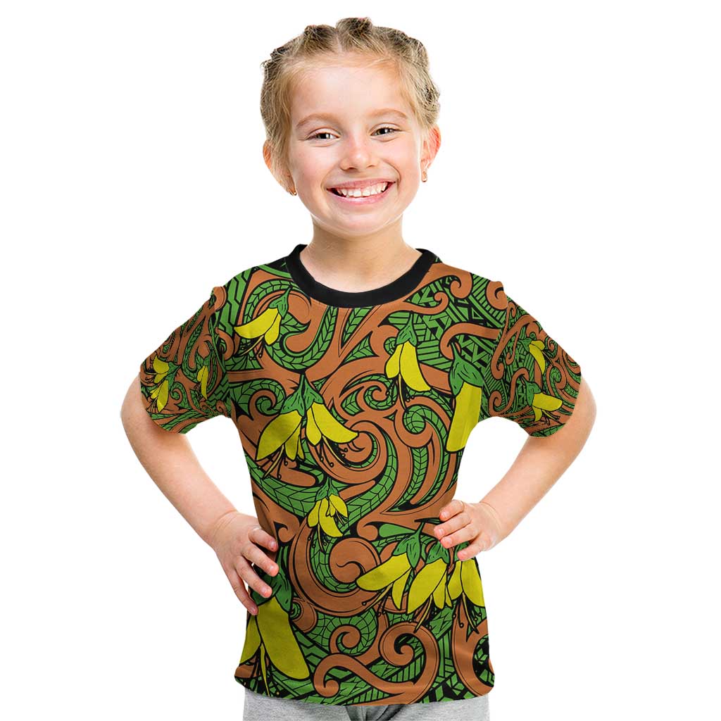 New Zealand Kowhai Flowers Kid T Shirt Maori Koru Pattern LT03 Orange - Polynesian Pride