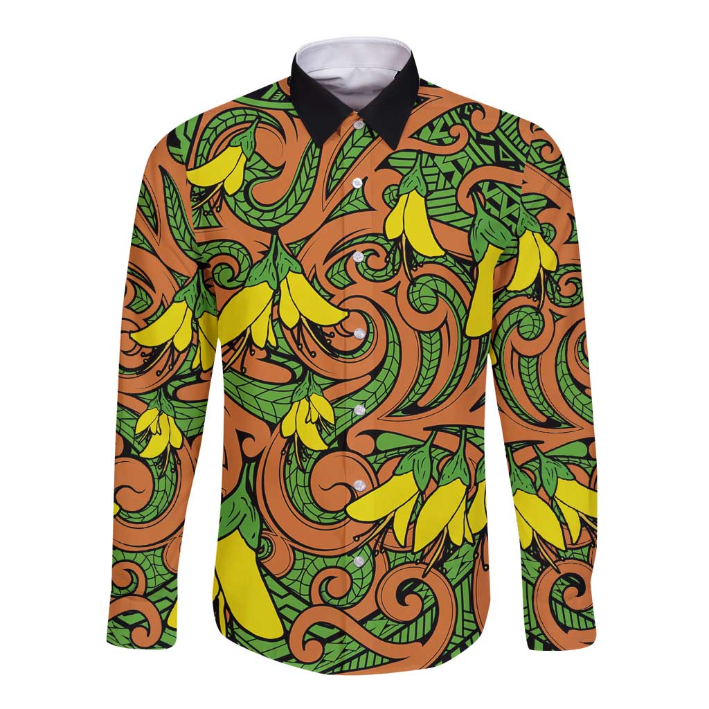 New Zealand Kowhai Flowers Long Sleeve Button Shirt Maori Koru Pattern LT03 Unisex Orange - Polynesian Pride