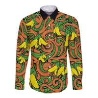 New Zealand Kowhai Flowers Long Sleeve Button Shirt Maori Koru Pattern LT03 Unisex Orange - Polynesian Pride