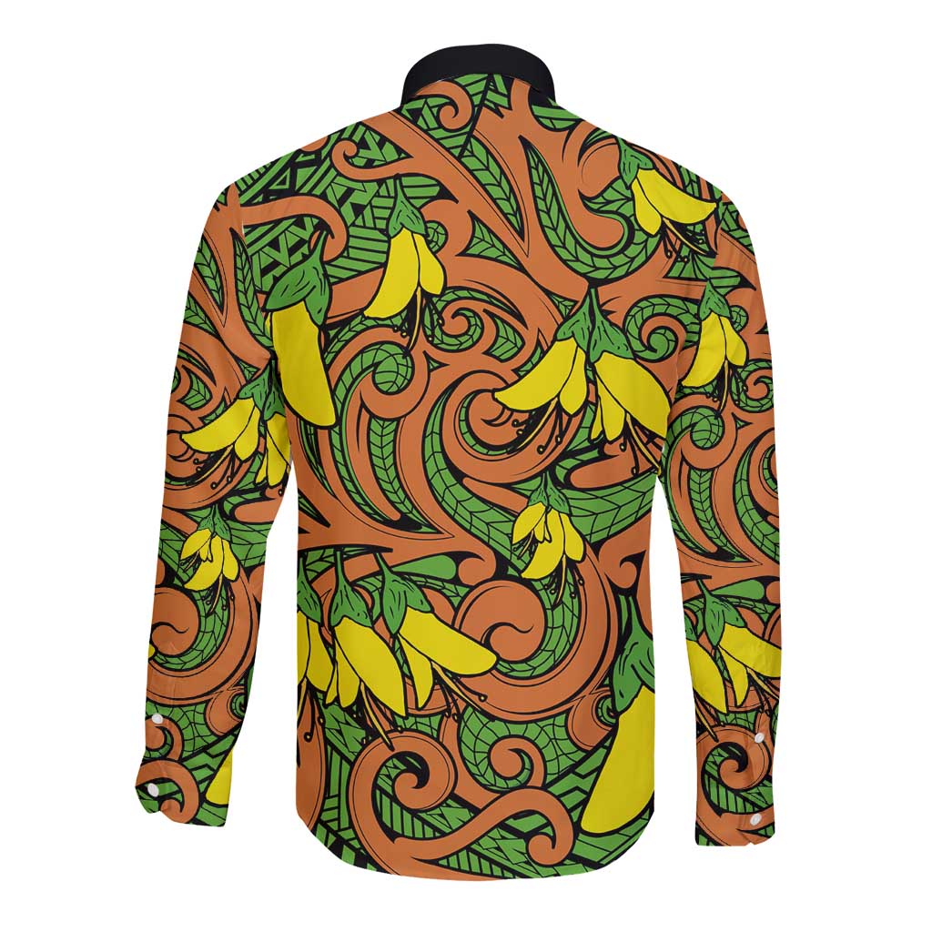 New Zealand Kowhai Flowers Long Sleeve Button Shirt Maori Koru Pattern LT03 - Polynesian Pride
