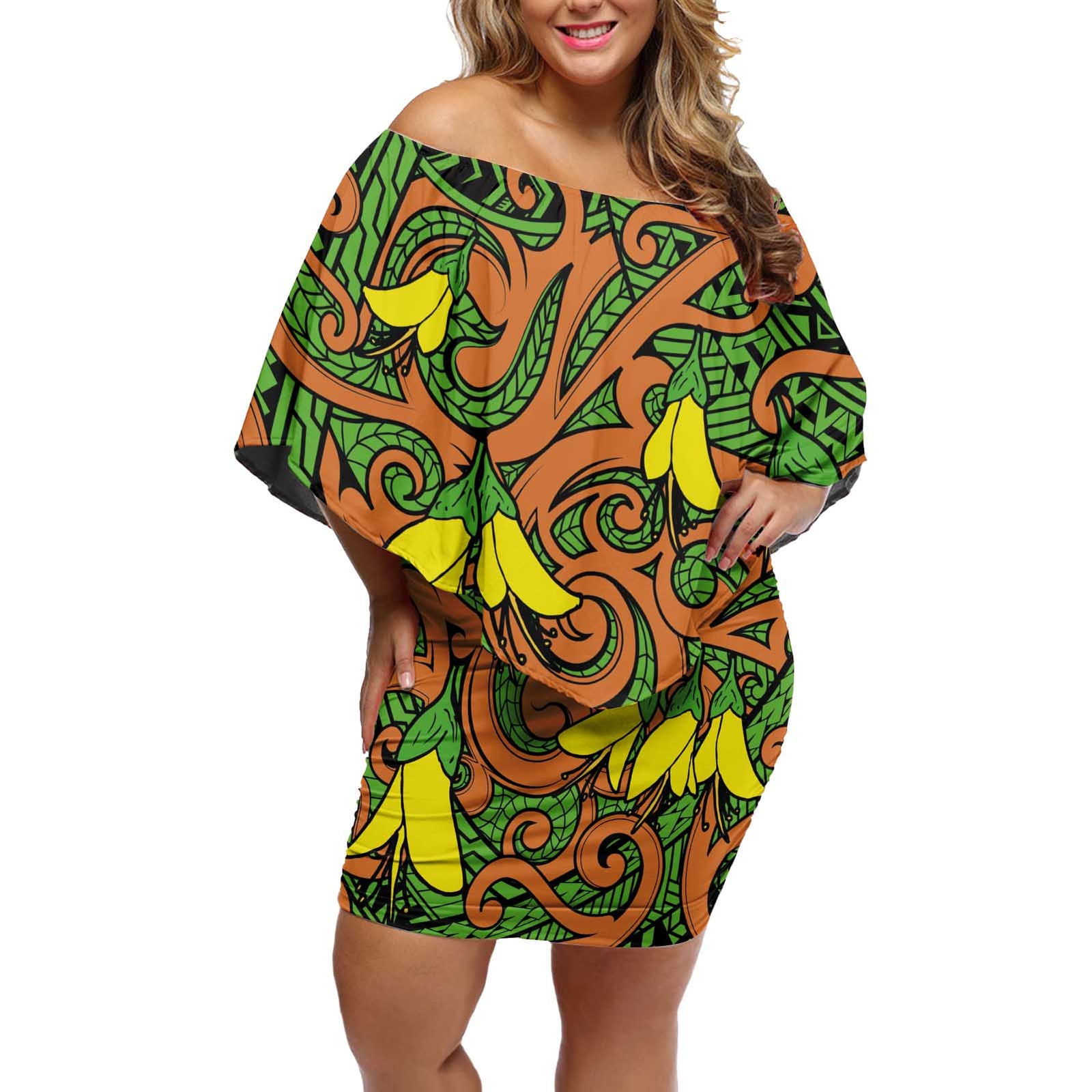 New Zealand Kowhai Flowers Off Shoulder Short Dress Maori Koru Pattern LT03 Women Orange - Polynesian Pride