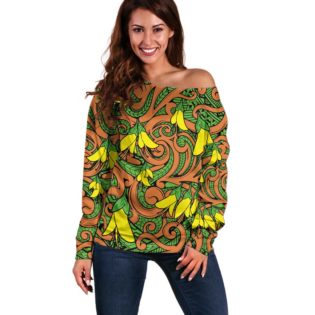 New Zealand Kowhai Flowers Off Shoulder Sweater Maori Koru Pattern LT03 Women Orange - Polynesian Pride