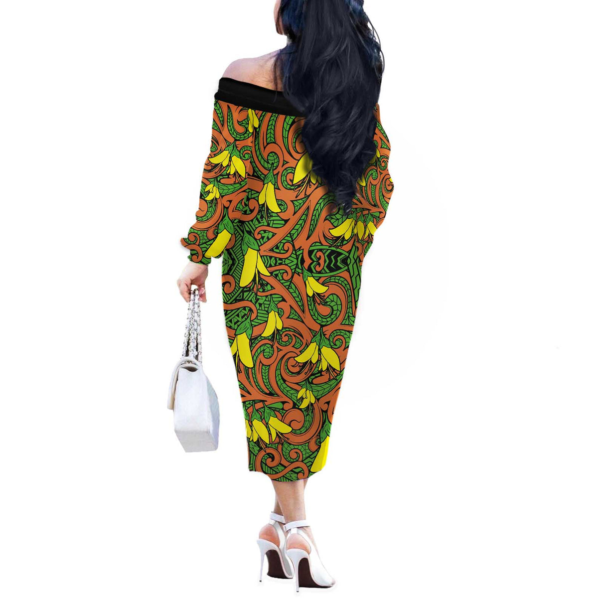 New Zealand Kowhai Flowers Off The Shoulder Long Sleeve Dress Maori Koru Pattern LT03 - Polynesian Pride