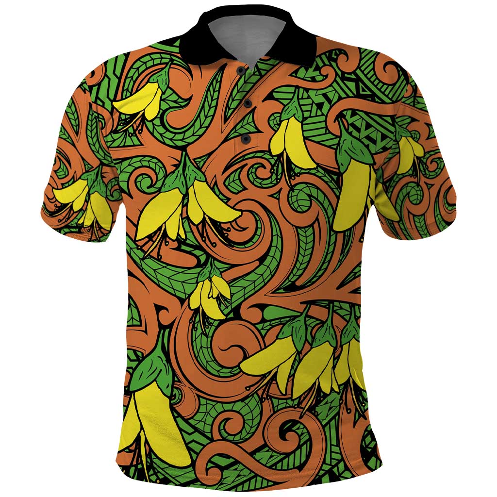 New Zealand Kowhai Flowers Polo Shirt Maori Koru Pattern LT03 Orange - Polynesian Pride