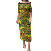 New Zealand Kowhai Flowers Puletasi Maori Koru Pattern LT03 Long Dress Orange - Polynesian Pride