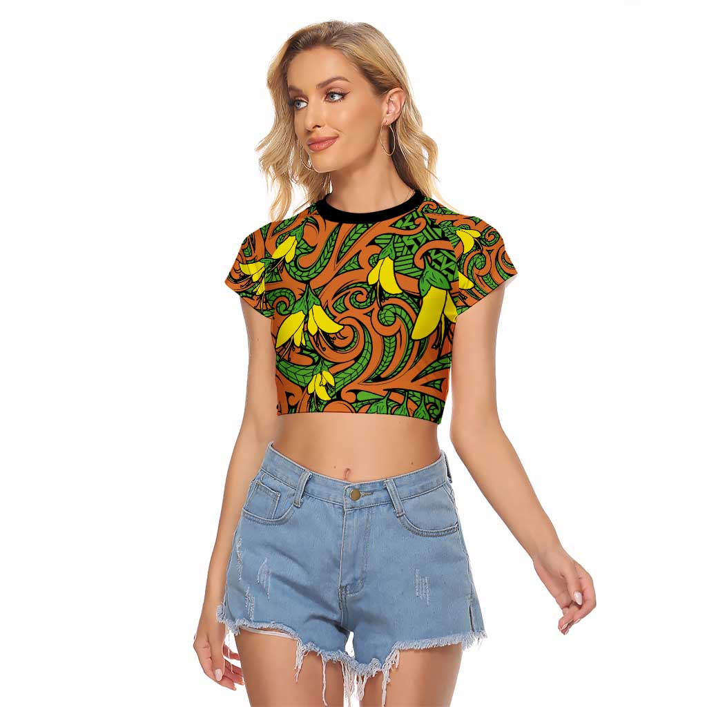 New Zealand Kowhai Flowers Raglan Cropped T Shirt Maori Koru Pattern LT03 Female Orange - Polynesian Pride