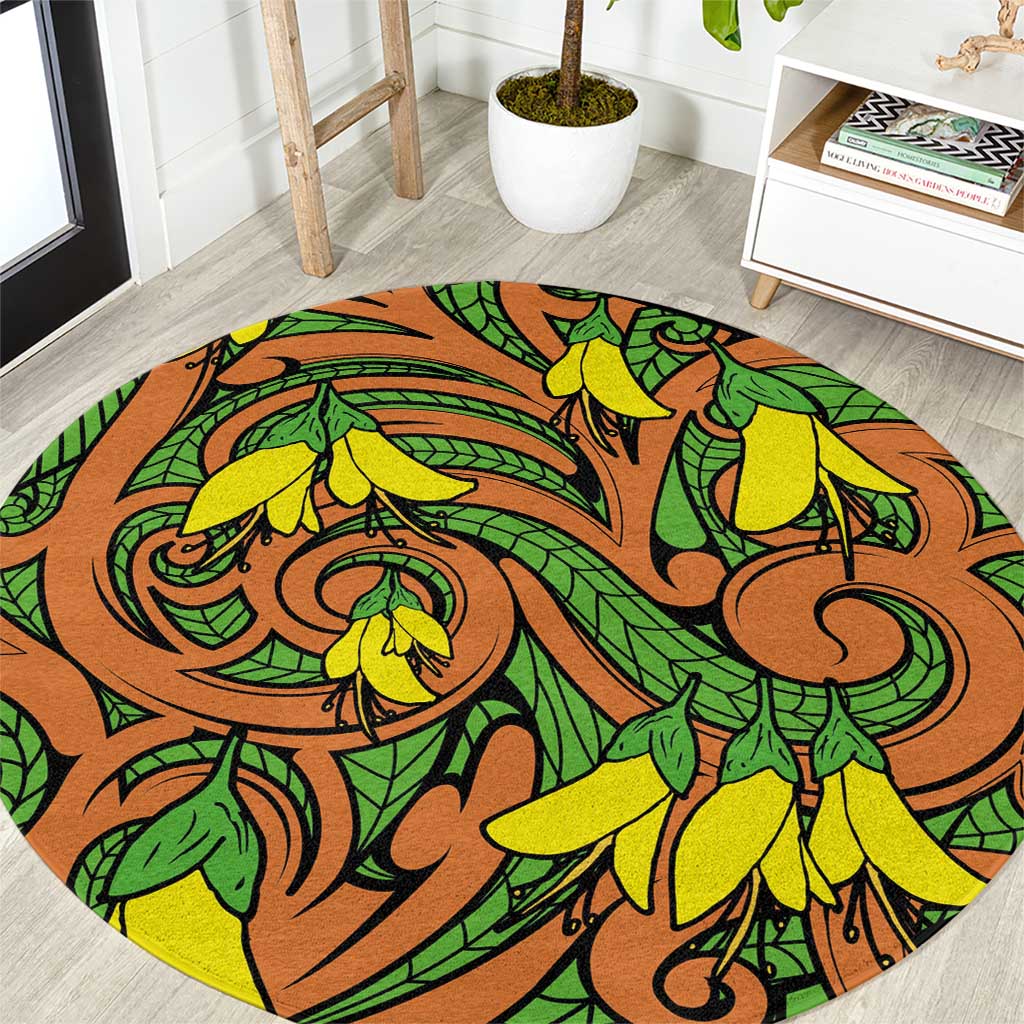New Zealand Kowhai Flowers Round Carpet Maori Koru Pattern LT03 Orange - Polynesian Pride