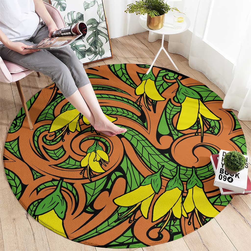 New Zealand Kowhai Flowers Round Carpet Maori Koru Pattern LT03 - Polynesian Pride