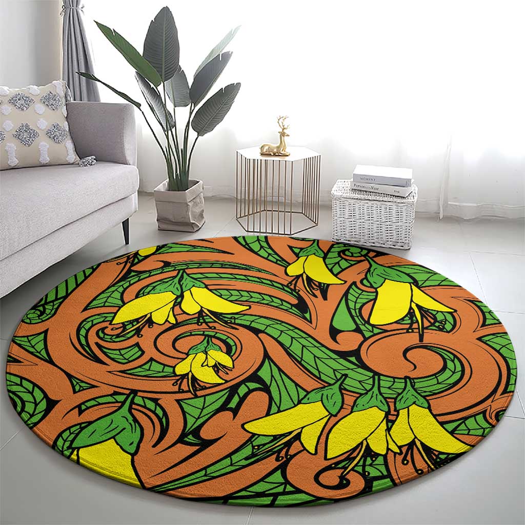 New Zealand Kowhai Flowers Round Carpet Maori Koru Pattern LT03 - Polynesian Pride