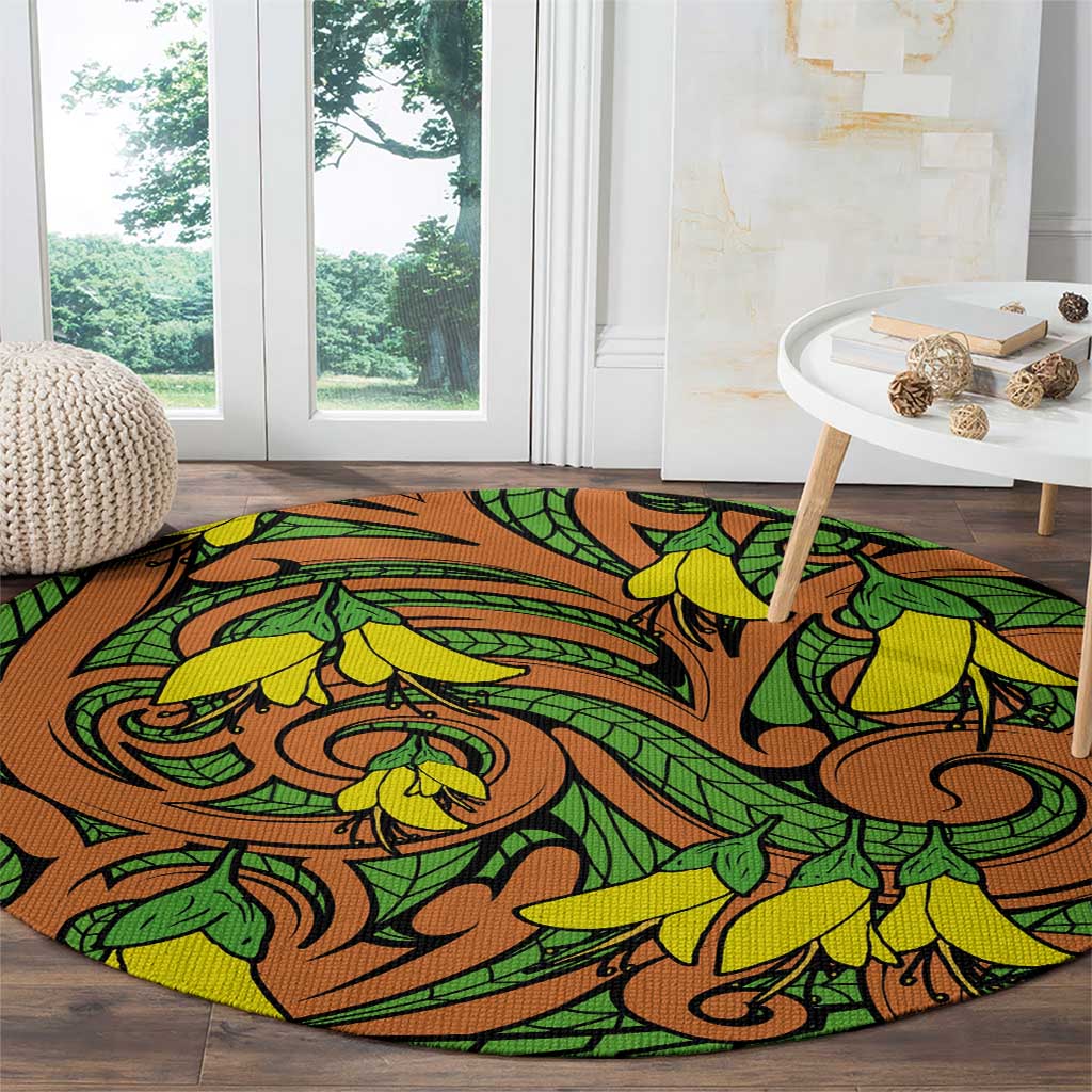 New Zealand Kowhai Flowers Round Carpet Maori Koru Pattern LT03 - Polynesian Pride