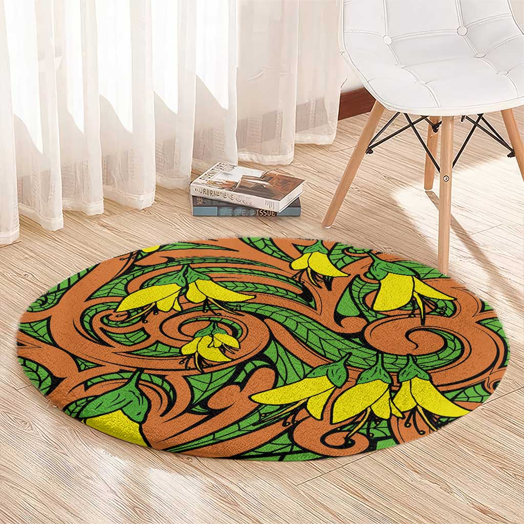 New Zealand Kowhai Flowers Round Carpet Maori Koru Pattern LT03 - Polynesian Pride