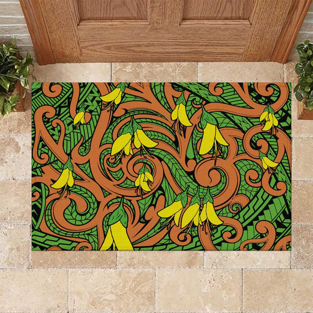 New Zealand Kowhai Flowers Rubber Doormat Maori Koru Pattern LT03 Orange - Polynesian Pride