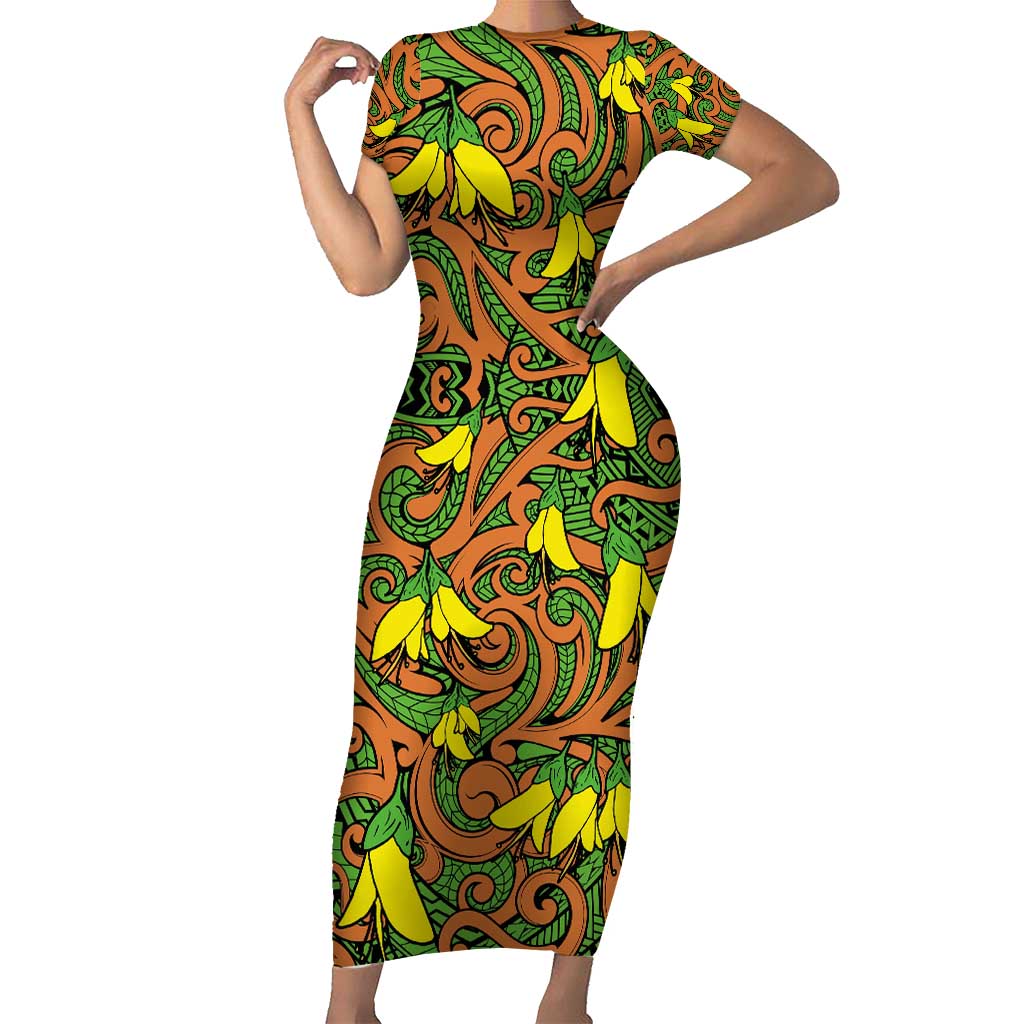 New Zealand Kowhai Flowers Short Sleeve Bodycon Dress Maori Koru Pattern LT03 Long Dress Orange - Polynesian Pride