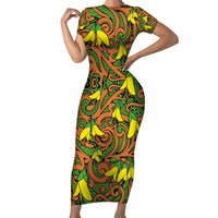 New Zealand Kowhai Flowers Short Sleeve Bodycon Dress Maori Koru Pattern LT03 Long Dress Orange - Polynesian Pride