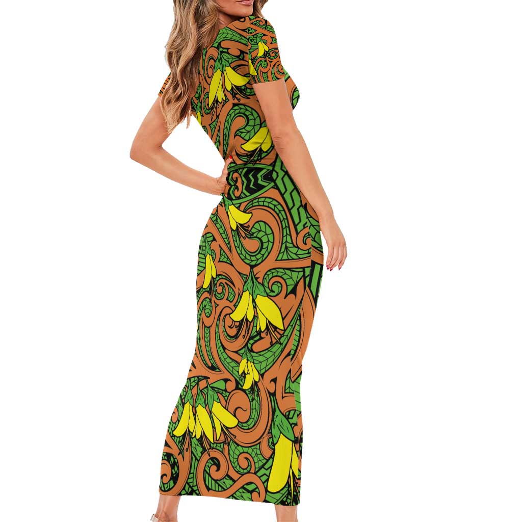 New Zealand Kowhai Flowers Short Sleeve Bodycon Dress Maori Koru Pattern LT03 - Polynesian Pride